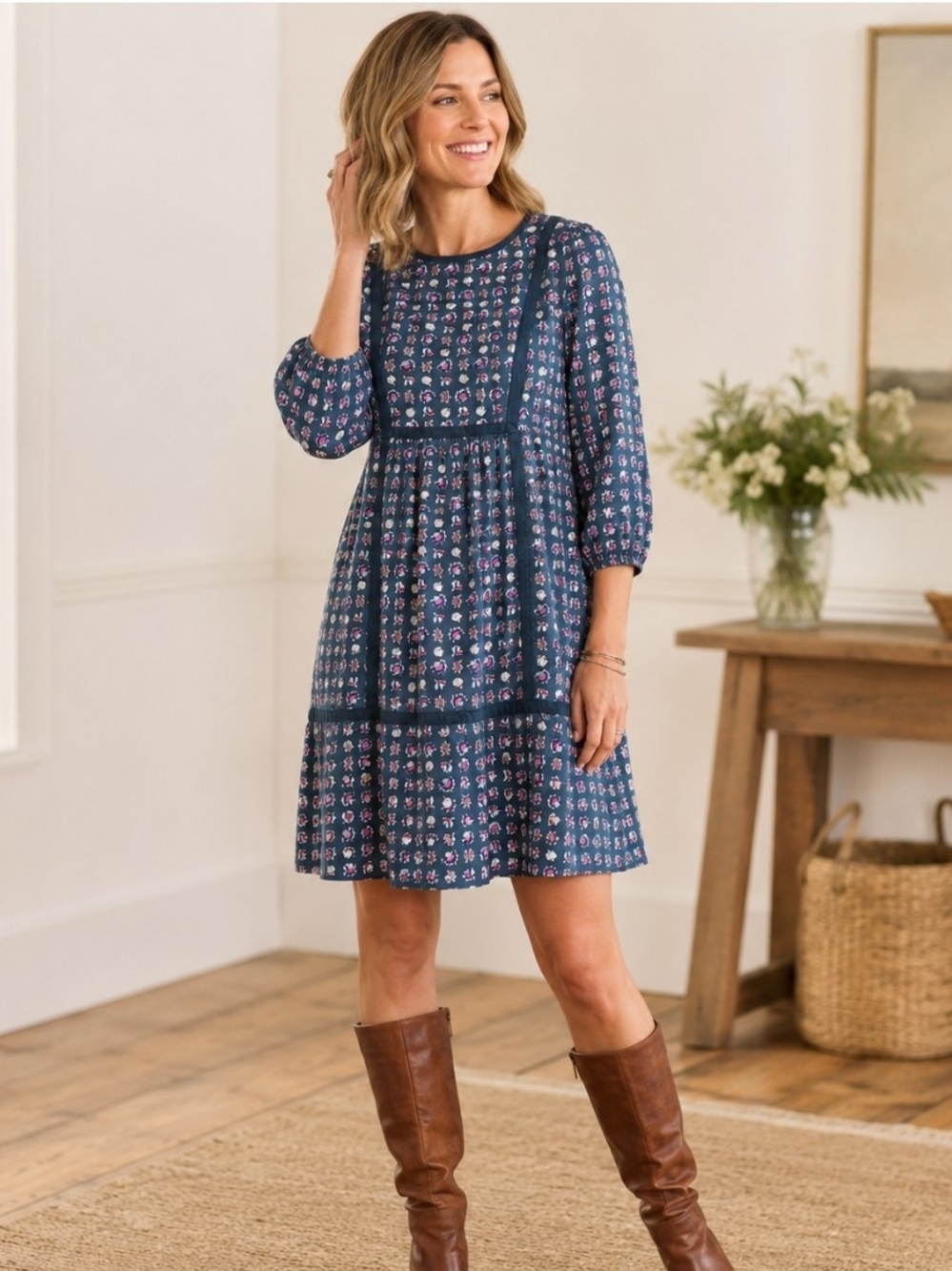 Boden Size 12 Blue Floral Print Shift Dress Boho Cottagecore Midi Pockets
